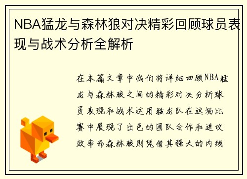 NBA猛龙与森林狼对决精彩回顾球员表现与战术分析全解析